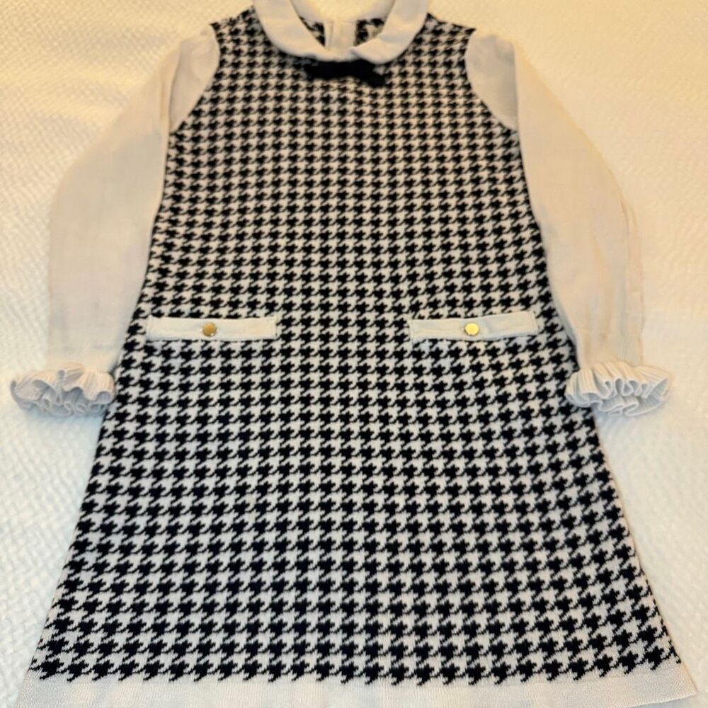 Hope & Henry | Houndstooth Knit Dress White Collar Navy | Girls 5